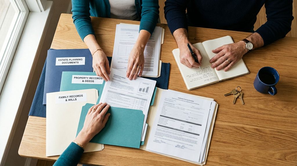 Hands organizing estate planning documents, property papers, and family records on a desk.