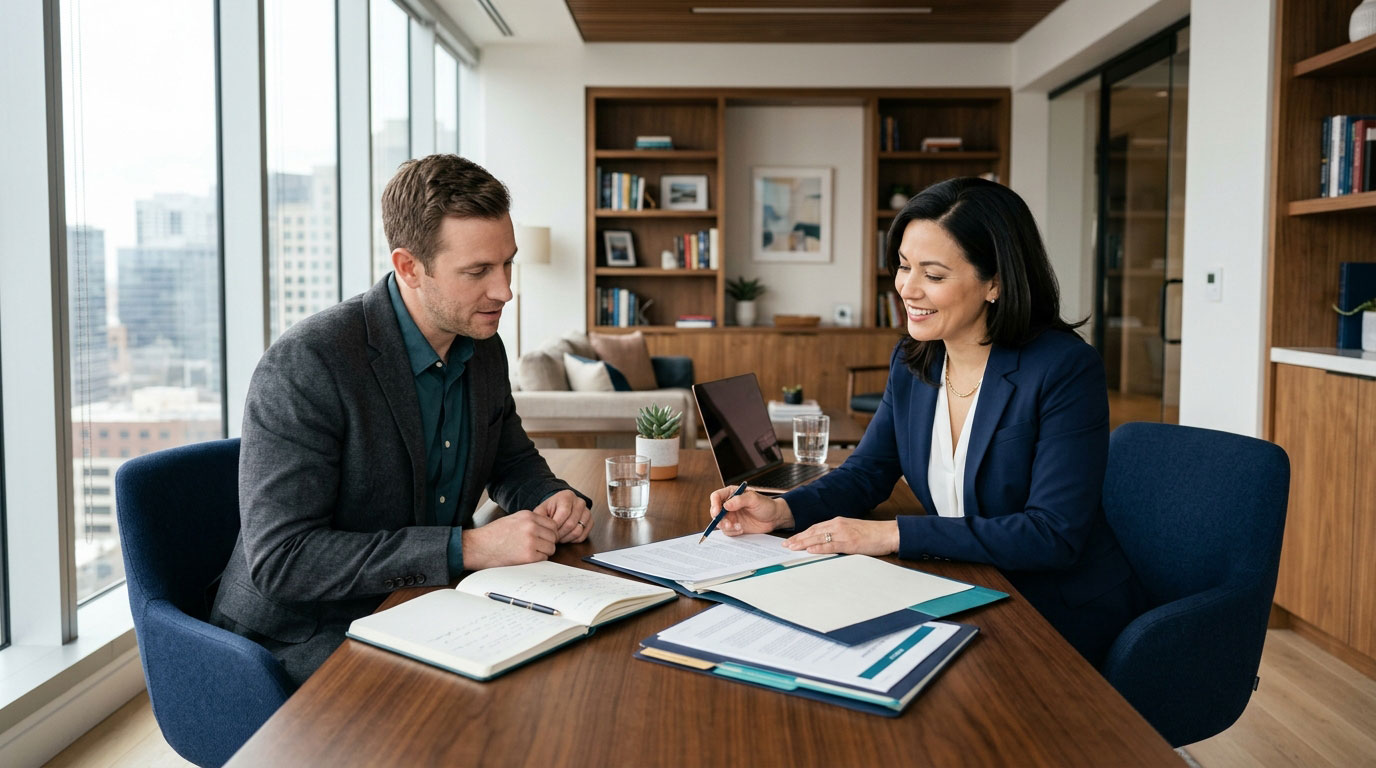 Prospective client discussing legal needs with an attorney during an initial consultation.