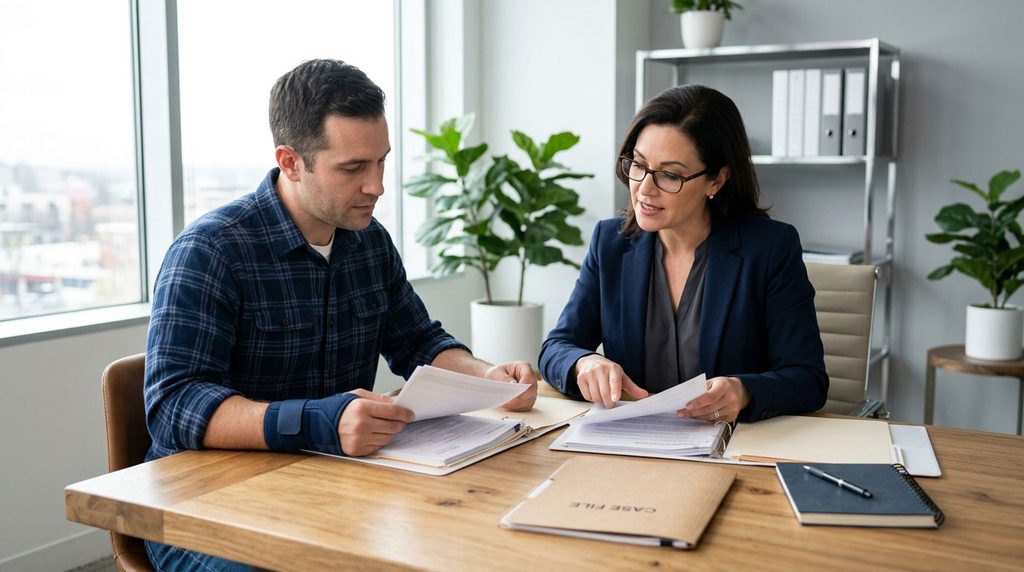 Worker and attorney reviewing medical records and employment documents during a consultation.