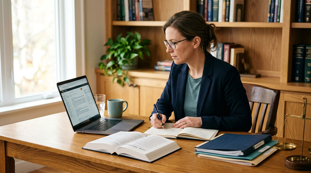 Person researching legal information on a laptop and taking notes beside an open reference book.