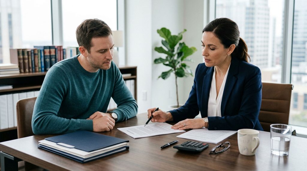 Attorney and prospective client reviewing a fee agreement and the services it covers.