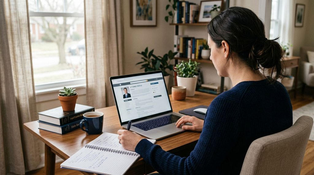 Person researching a lawyer’s credentials on a laptop before arranging a consultation.