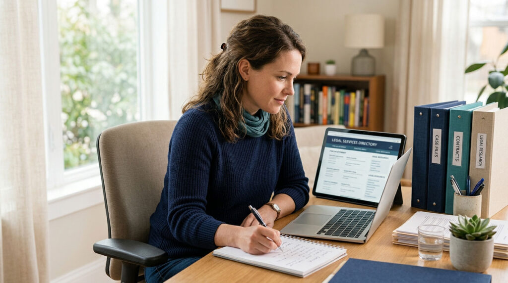 Person researching different types of lawyers on a laptop and organizing legal documents.